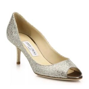 Jimmy Choo ISABEL Champagne Glitter Fabric Open Toe Pump Shoe $595 Sz 37